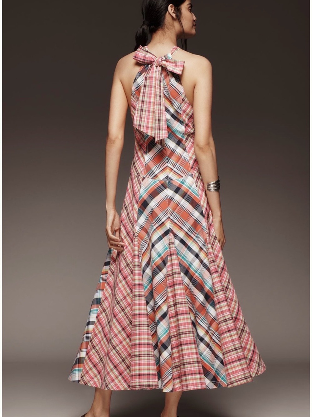 Anthropologie Pilcro Coral Pink Plaid Twist-Halter Asymmetrical Dress - Picture 4 of 6